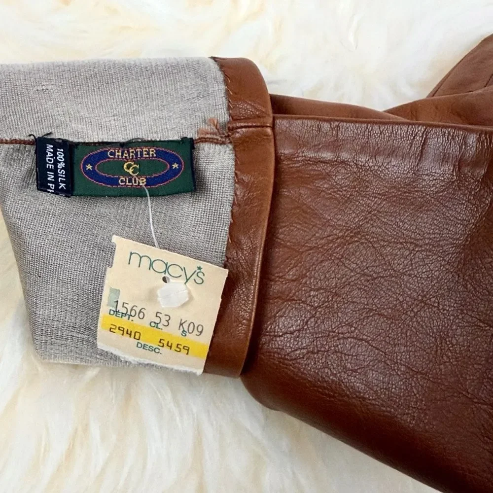 NWT Charter Club Leather Gloves Light Brown with Silk Lining Women's 7,5 Vintage